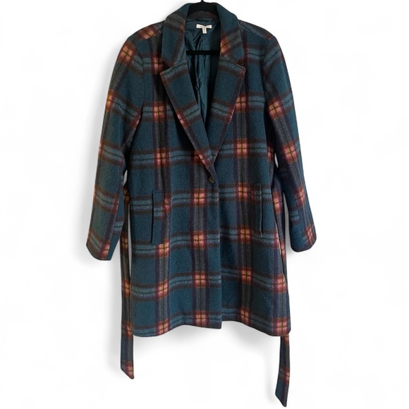 Maurices Plaid Belted Faux Wool Wrap Long Coat Sz XL Teal Tan Brown Pink - Picture 4 of 9